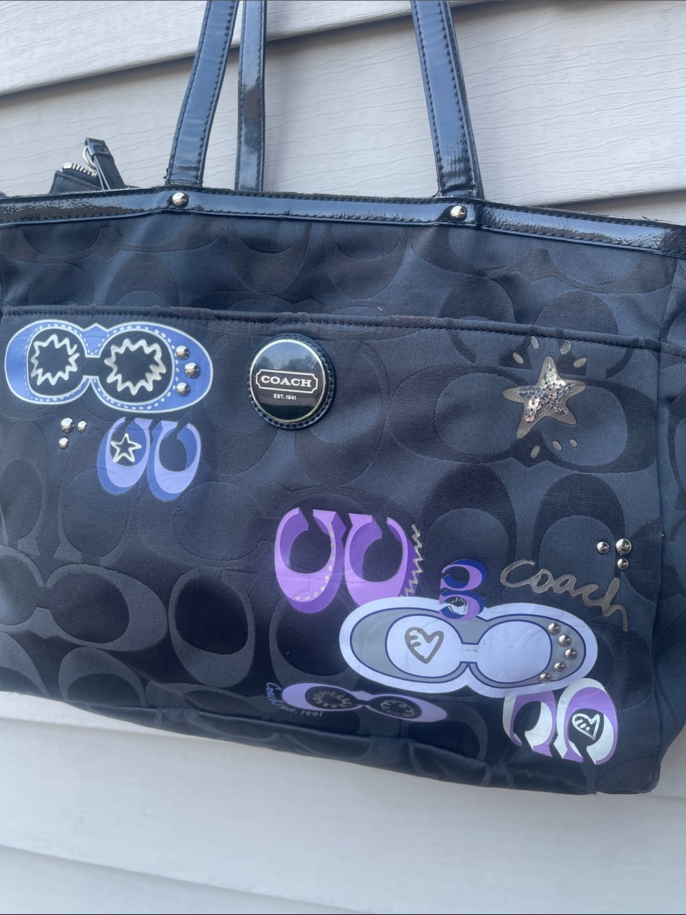 COACH Y2K Poppy Graffiti Signature Black Tote Bag Sunglasses Star purple - Picture 15 of 15
